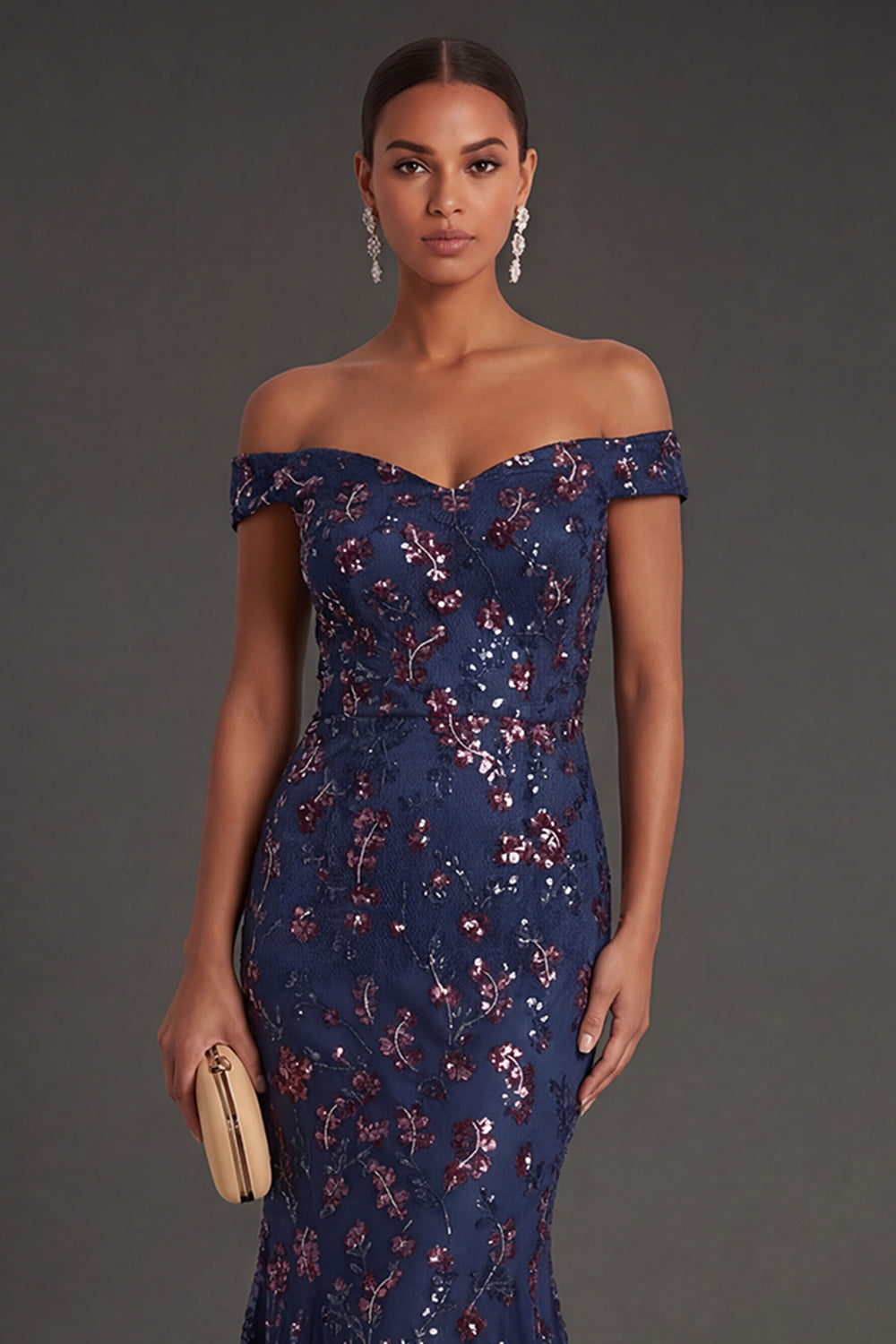 Floral Navy Mermaid Off the Shoulder Sparkly Beaded Long Formal Dress