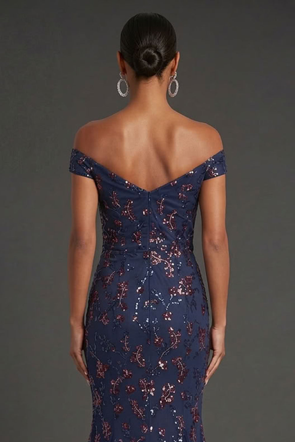 Floral Navy Mermaid Off the Shoulder Sparkly Beaded Long Formal Dress