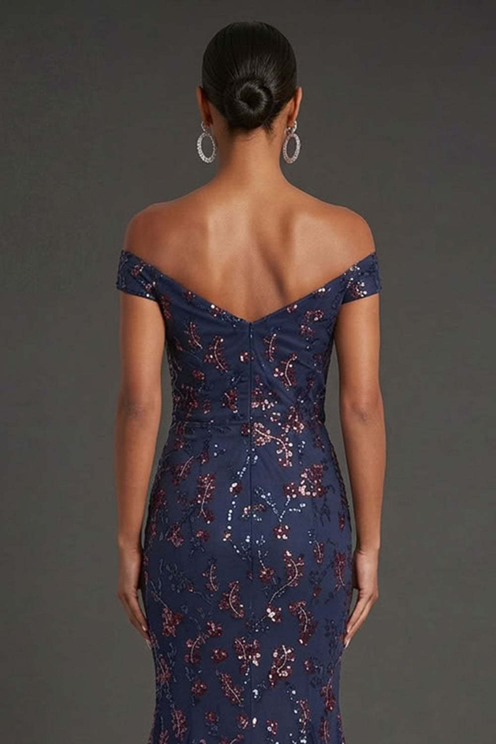 Floral Navy Mermaid Off the Shoulder Sparkly Beaded Long Formal Dress