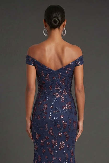 Floral Navy Mermaid Off the Shoulder Sparkly Beaded Long Formal Dress