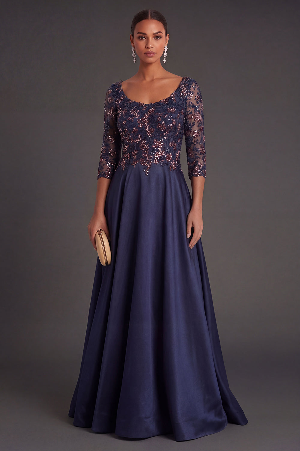 Sparkly Beaded Navy Floral Appliqued Long Formal Dress