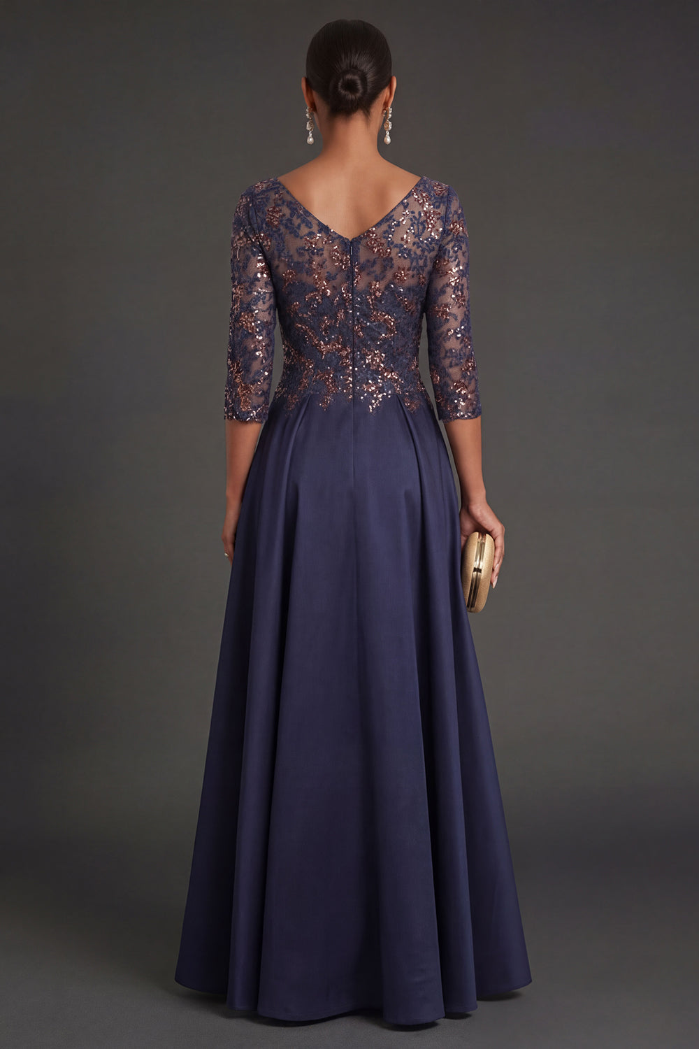 Sparkly Beaded Navy Floral Appliqued Long Formal Dress