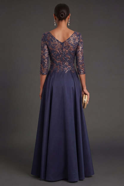 Sparkly Beaded Navy Floral Appliqued Long Formal Dress