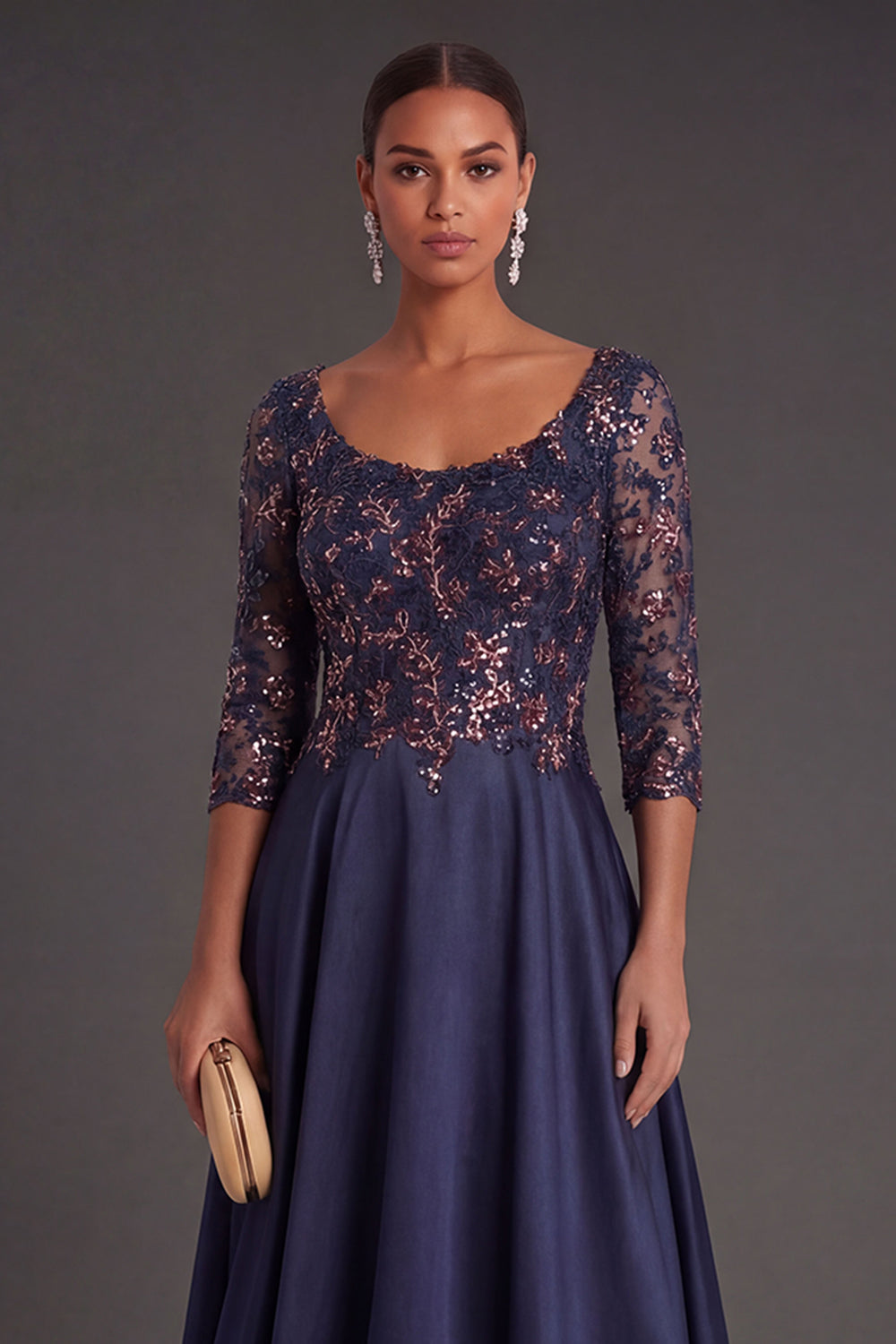 Sparkly Beaded Navy Floral Appliqued Long Formal Dress