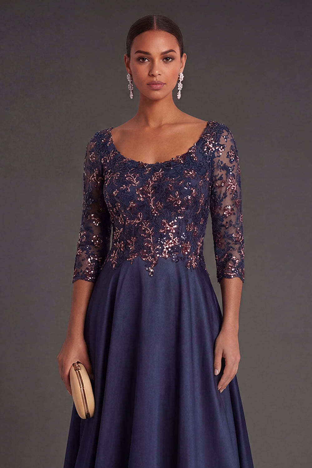 Sparkly Beaded Navy Floral Appliqued Long Formal Dress