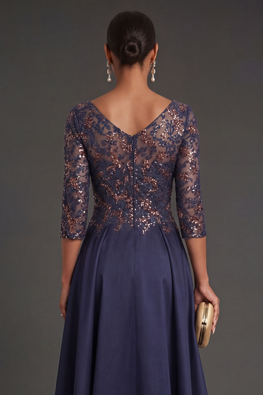 Sparkly Beaded Navy Floral Appliqued Long Formal Dress
