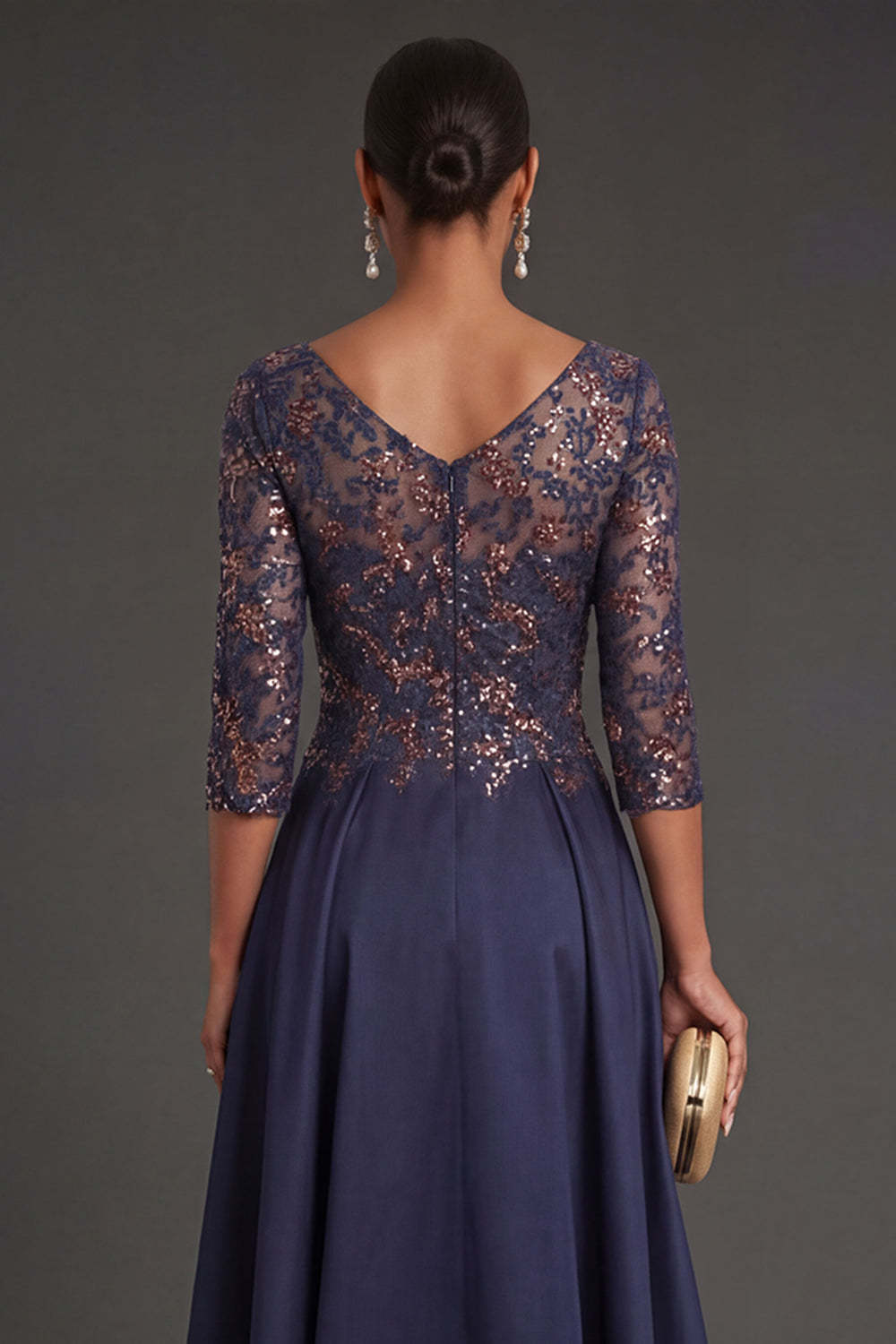Sparkly Beaded Navy Floral Appliqued Long Formal Dress