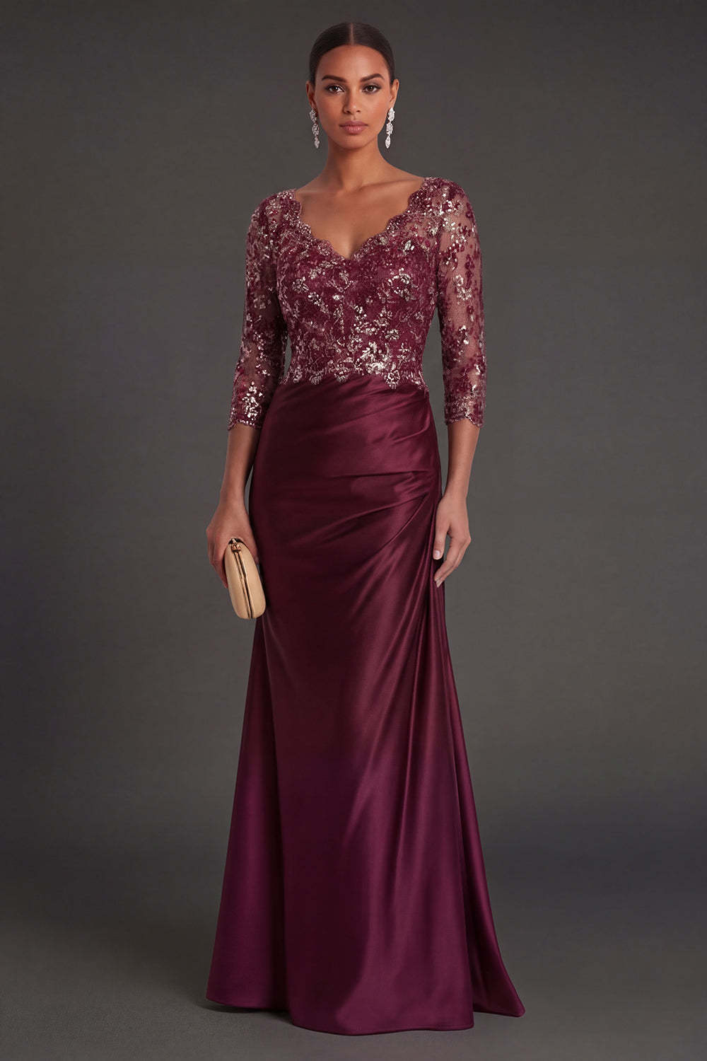 Leely Women Sparkly Beaded Navy Floral Mermaid Long Formal Dress Appliqued Ruched V Neck Wedding Guest Dress