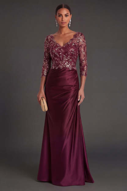 Leely Women Sparkly Beaded Navy Floral Mermaid Long Formal Dress Appliqued Ruched V Neck Wedding Guest Dress