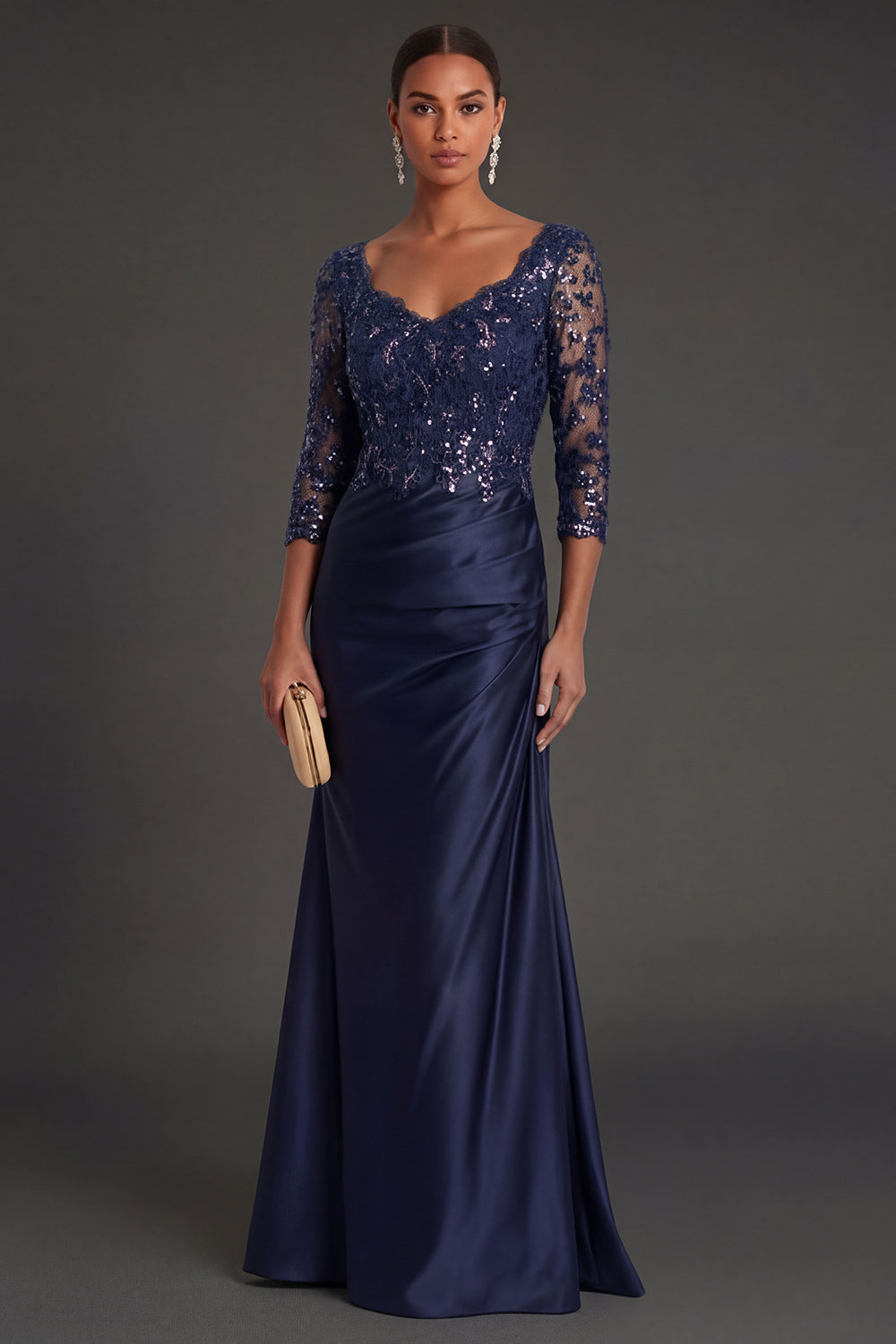 Sparkly Beaded Navy Floral Appliqued Ruched Mermaid Long Formal Dress