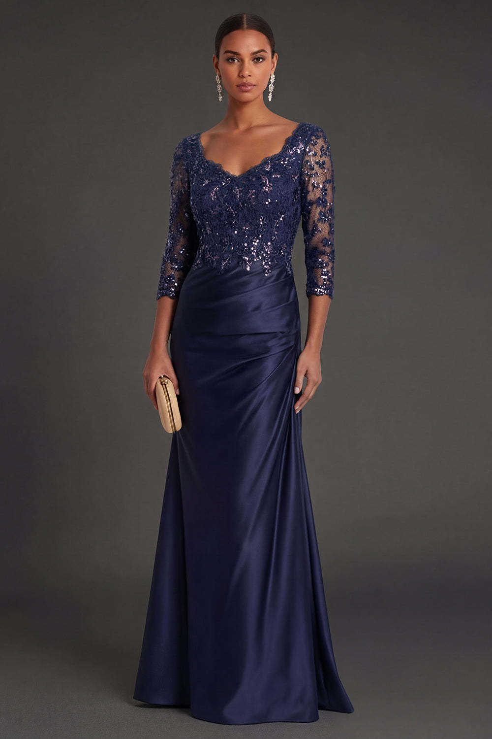 Sparkly Beaded Navy Floral Appliqued Ruched Mermaid Long Formal Dress