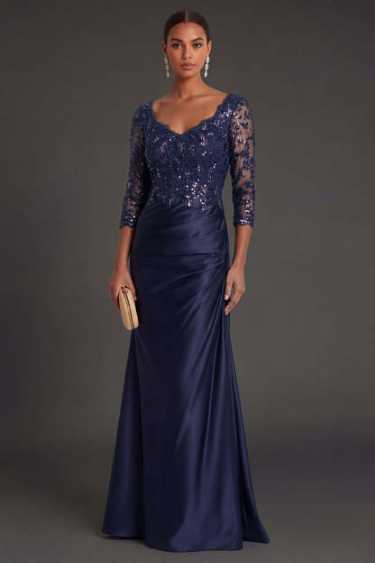 Sparkly Beaded Navy Floral Appliqued Ruched Mermaid Long Formal Dress