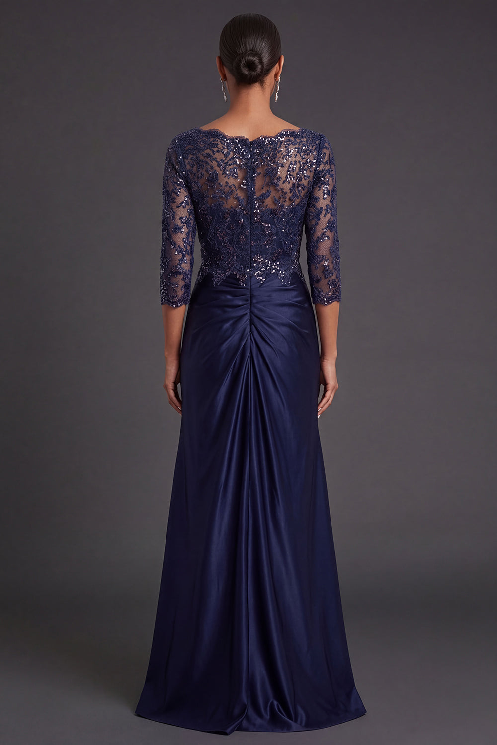 Sparkly Beaded Navy Floral Appliqued Ruched Mermaid Long Formal Dress