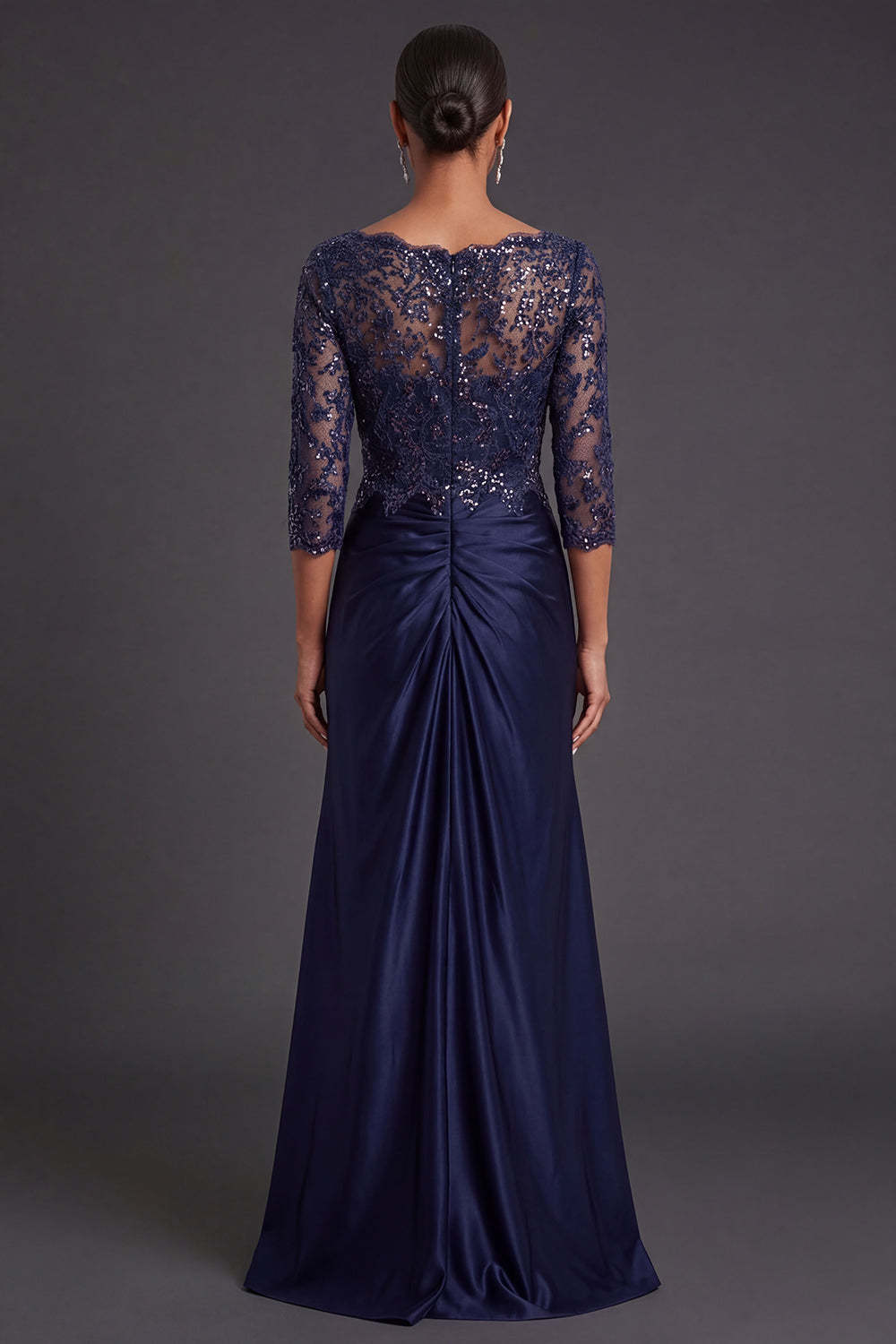 Sparkly Beaded Navy Floral Appliqued Ruched Mermaid Long Formal Dress