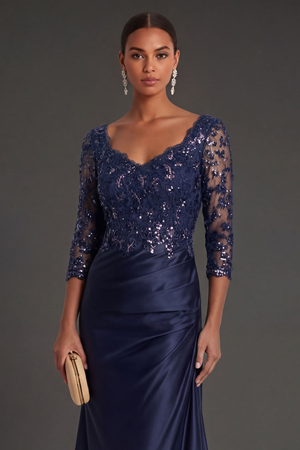 Sparkly Beaded Navy Floral Appliqued Ruched Mermaid Long Formal Dress