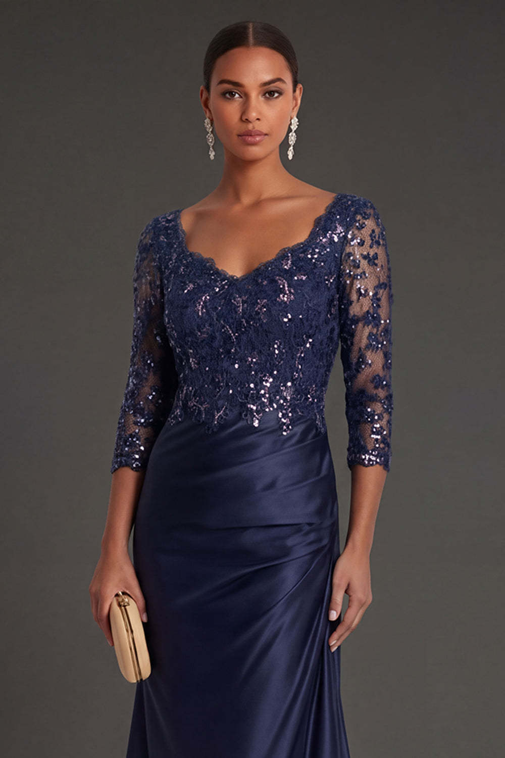 Sparkly Beaded Navy Floral Appliqued Ruched Mermaid Long Formal Dress
