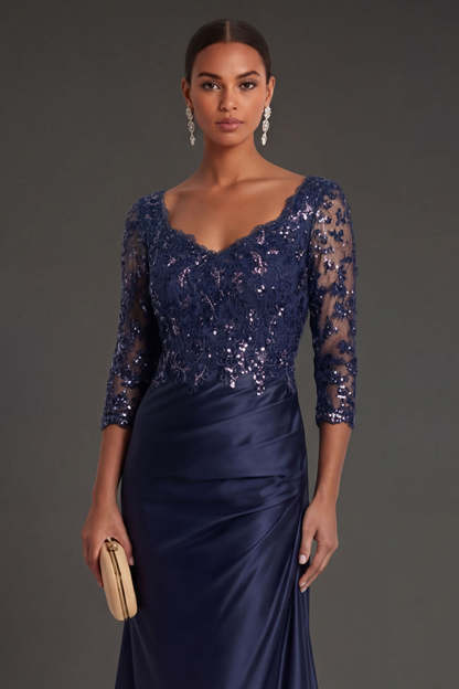 Sparkly Beaded Navy Floral Appliqued Ruched Mermaid Long Formal Dress