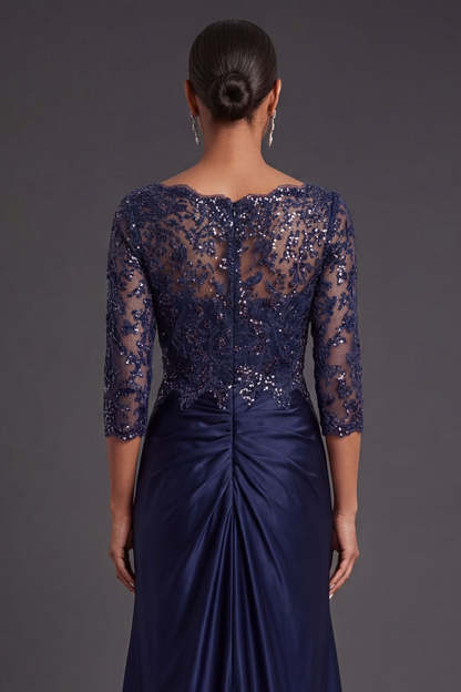 Sparkly Beaded Navy Floral Appliqued Ruched Mermaid Long Formal Dress