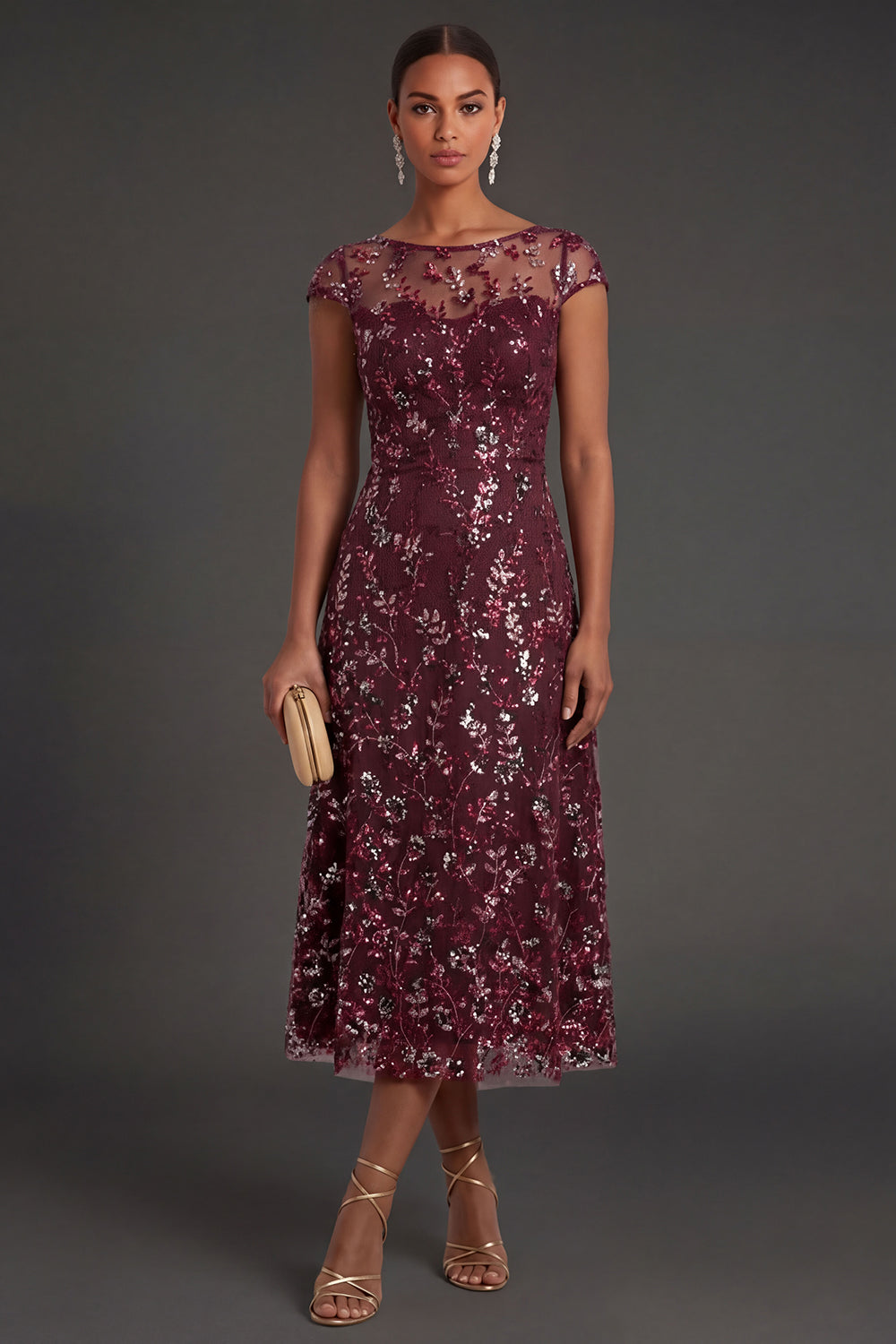 Sparkly Beaded Burgundy Sheath Floral Long Formal Dress