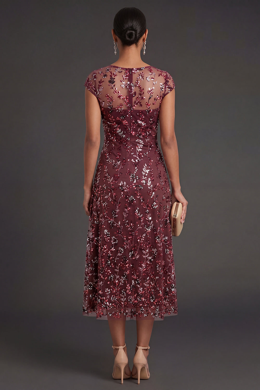Sparkly Beaded Burgundy Sheath Floral Long Formal Dress