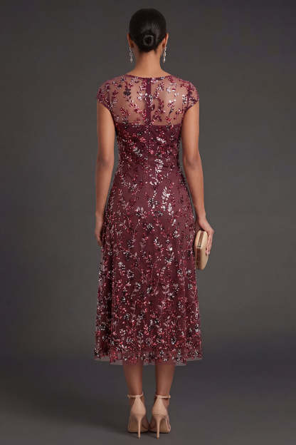 Sparkly Beaded Burgundy Sheath Floral Long Formal Dress