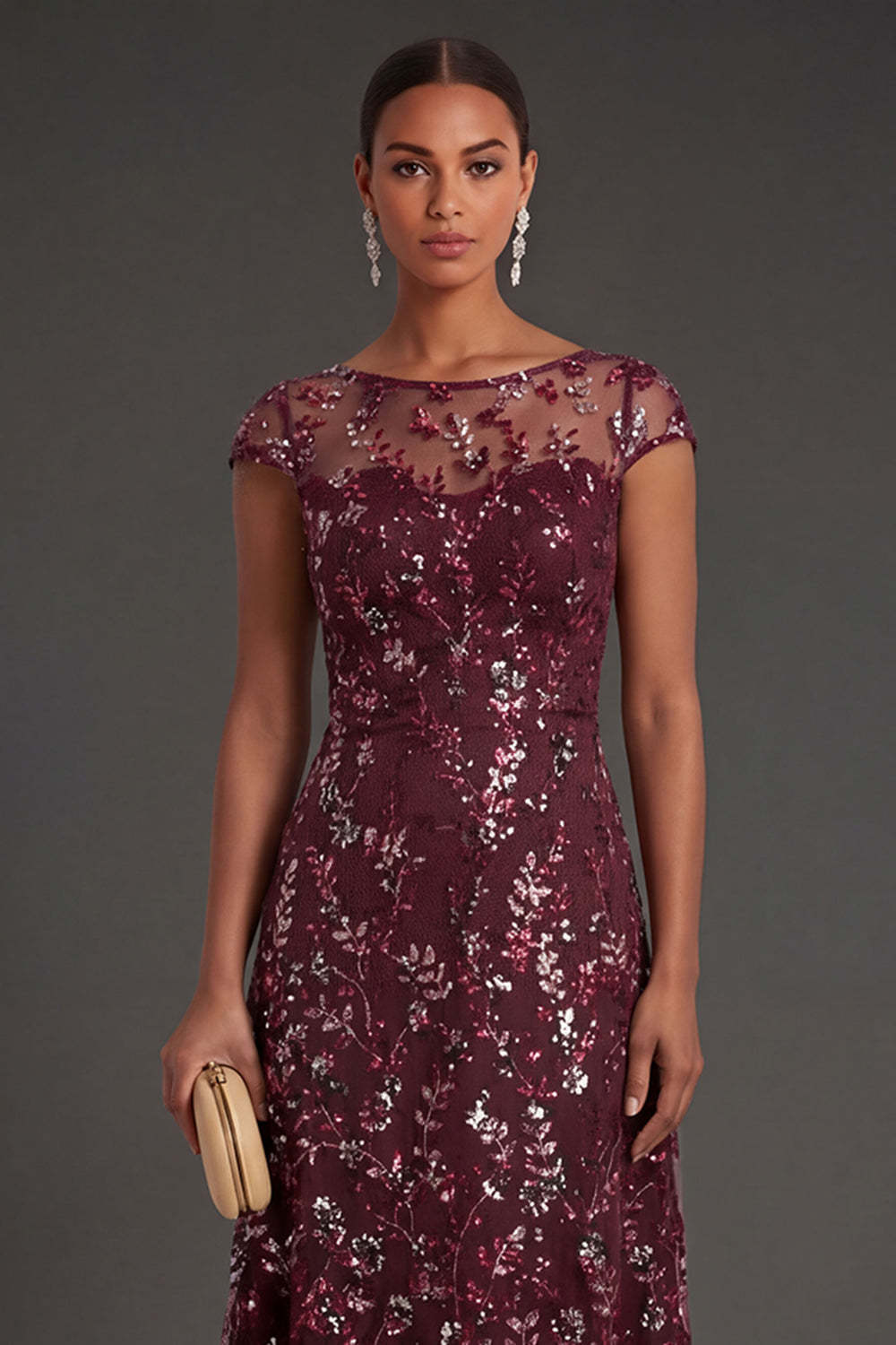 Sparkly Beaded Burgundy Sheath Floral Long Formal Dress