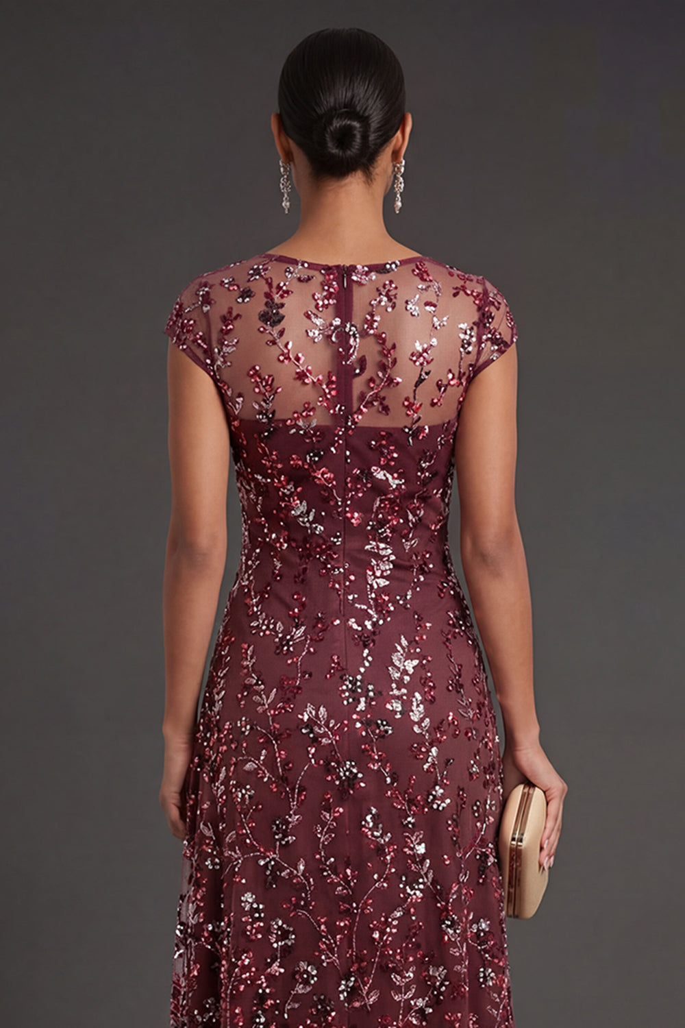 Sparkly Beaded Burgundy Sheath Floral Long Formal Dress