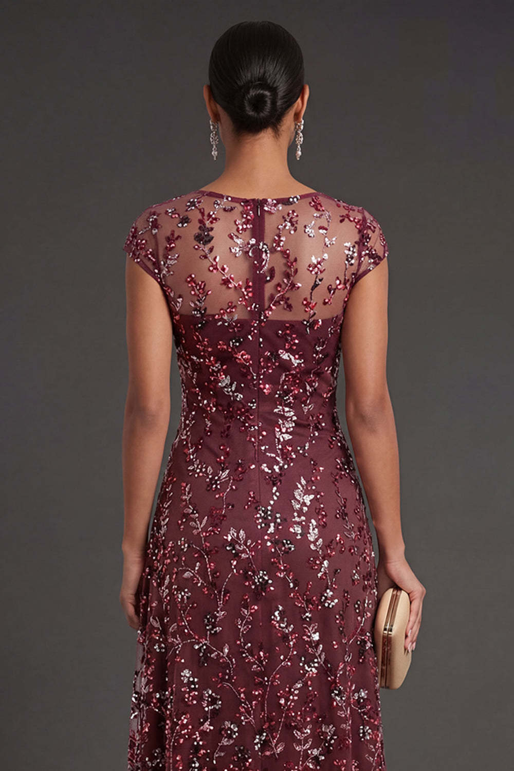 Sparkly Beaded Burgundy Sheath Floral Long Formal Dress