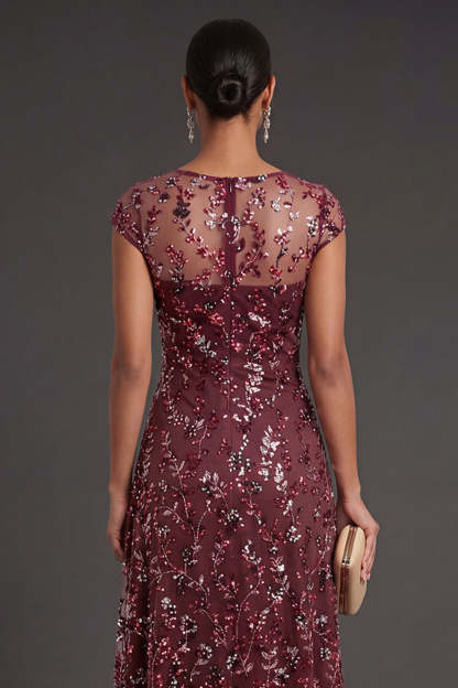 Sparkly Beaded Burgundy Sheath Floral Long Formal Dress