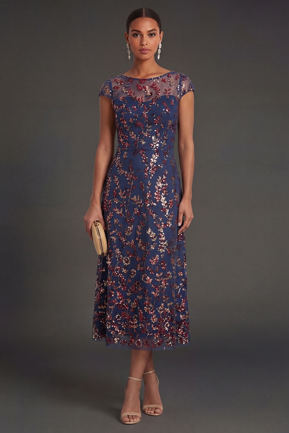 Leely Women Sparkly Beaded Navy Sheath Floral Long Formal Dress Sleeveless Illusion Neck Wedding Guest Dress