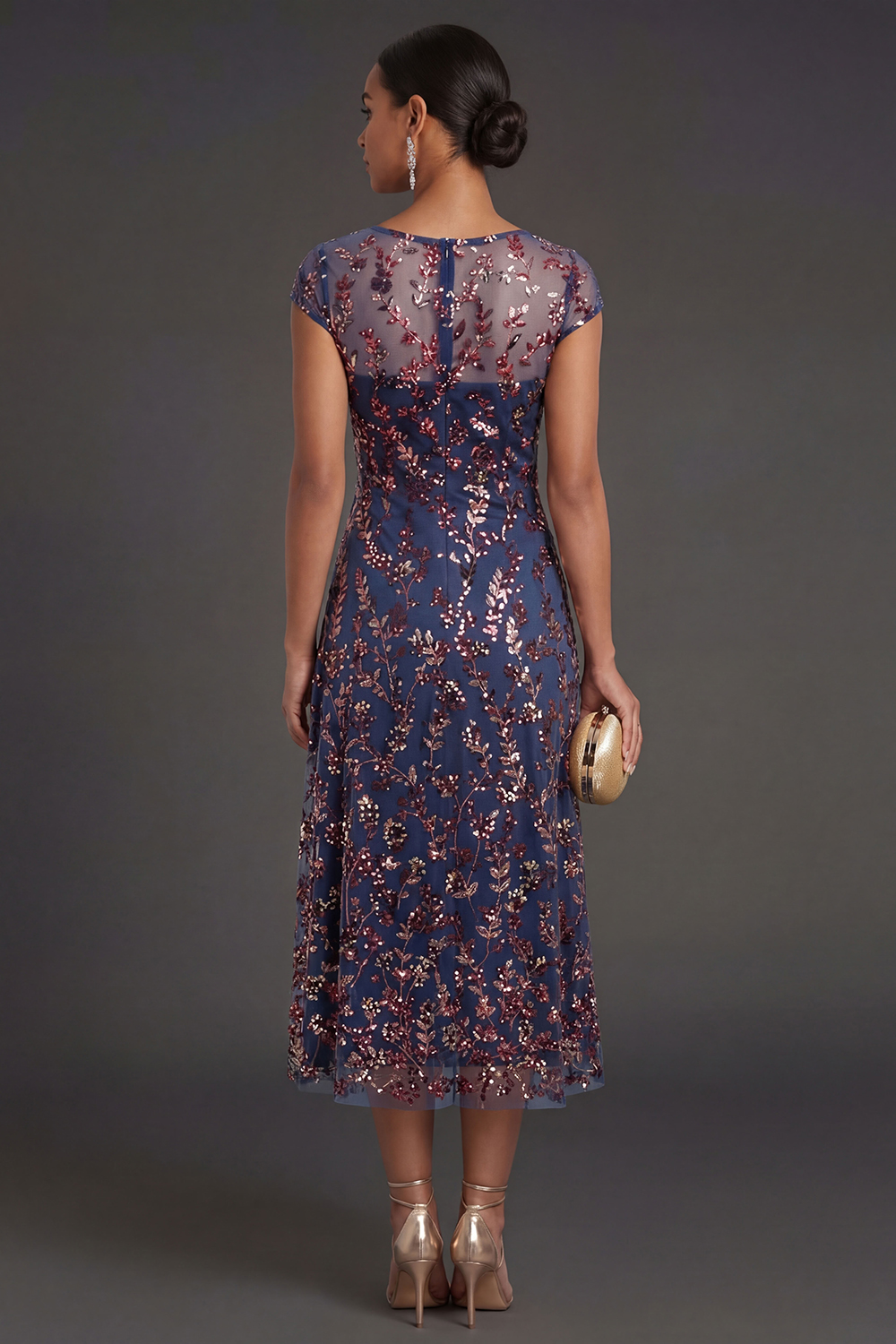Sparkly Beaded Navy Sheath Floral Long Formal Dress