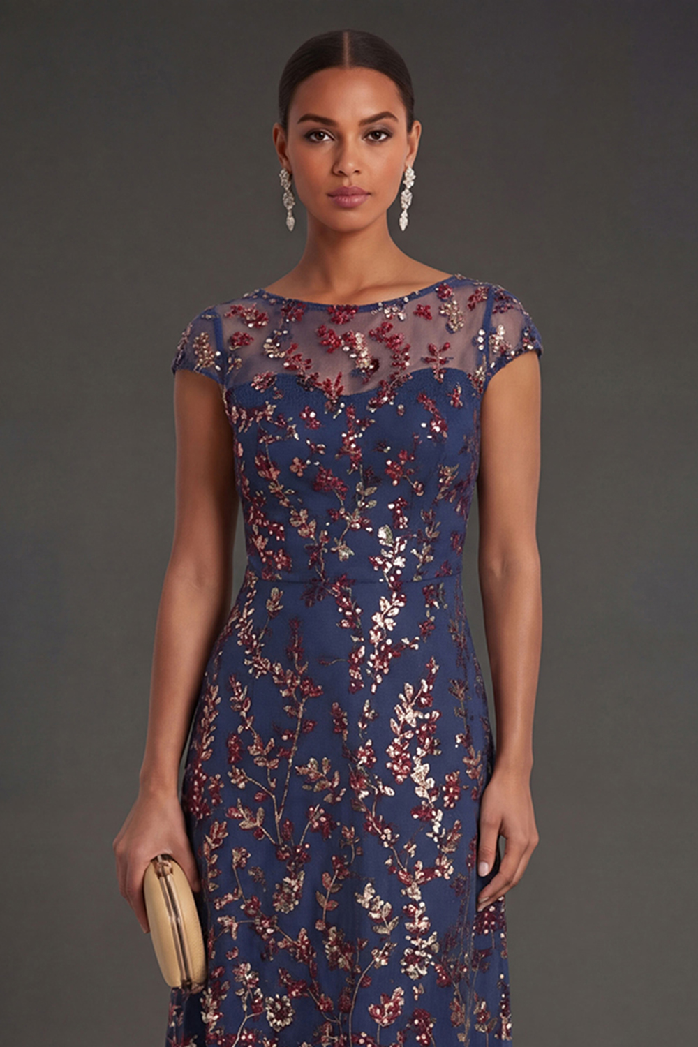 Sparkly Beaded Navy Sheath Floral Long Formal Dress