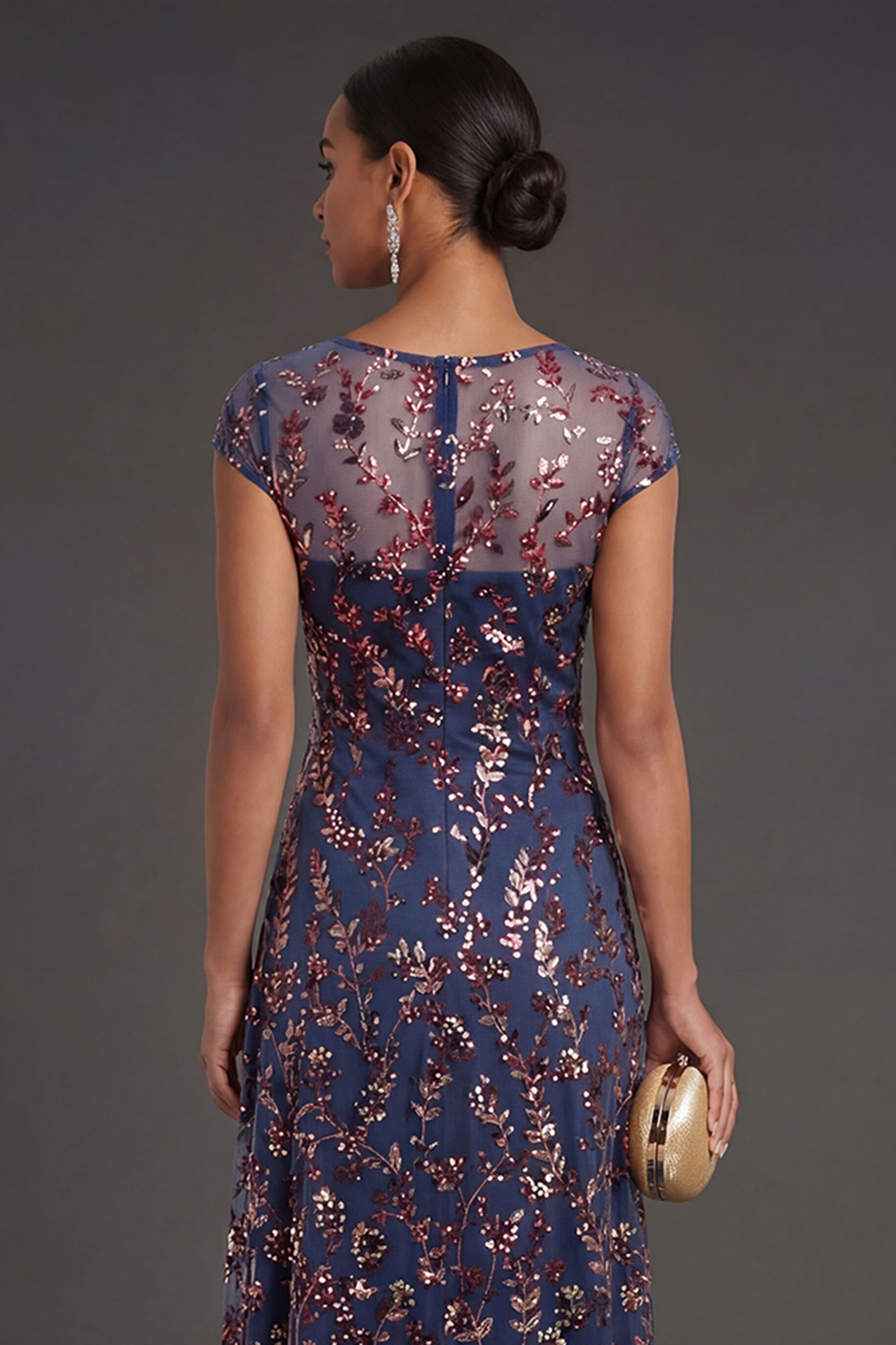 Sparkly Beaded Navy Sheath Floral Long Formal Dress