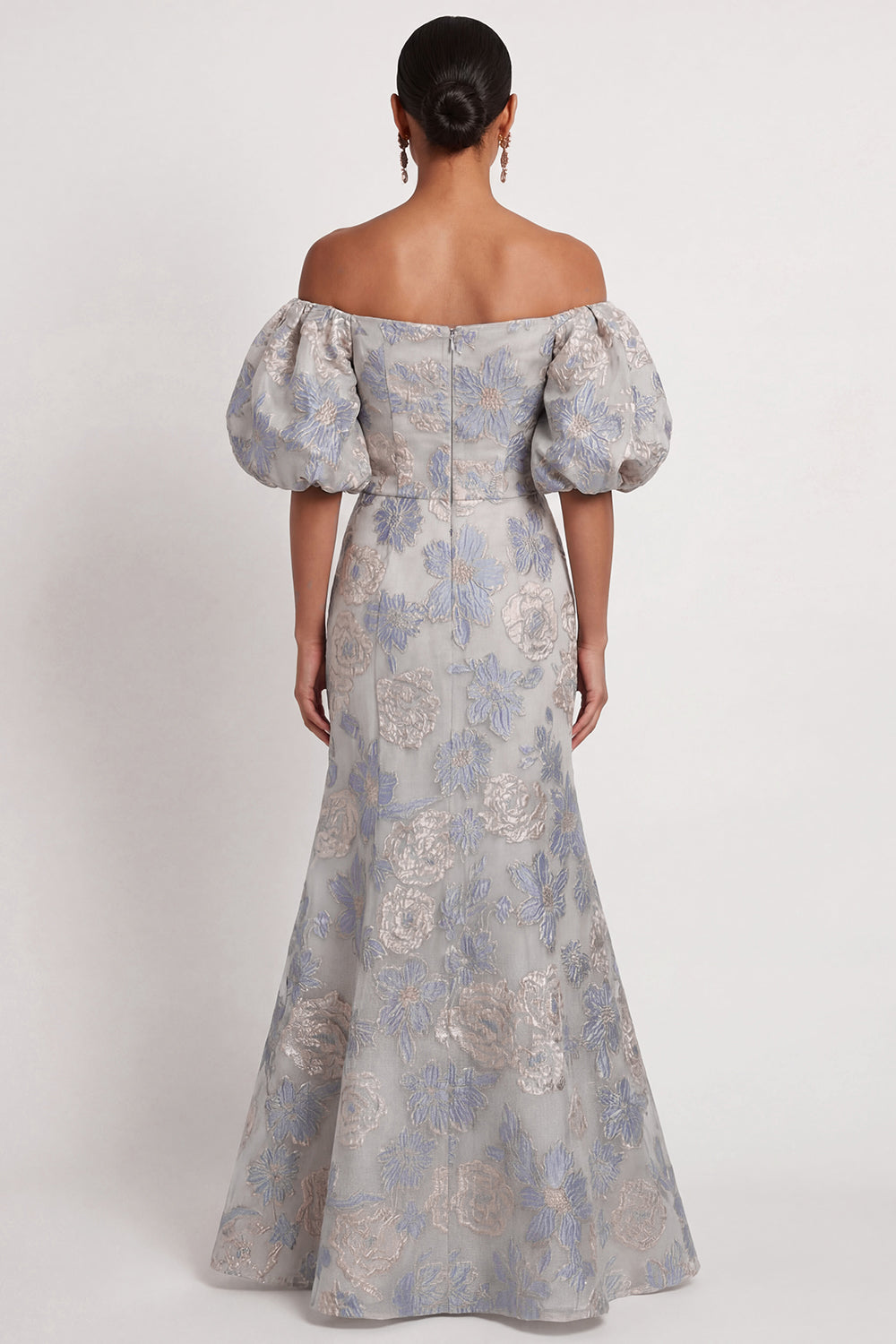 Floral Dusty Blue Mermaid Jacquard Off the Shoulder Long Formal Dress