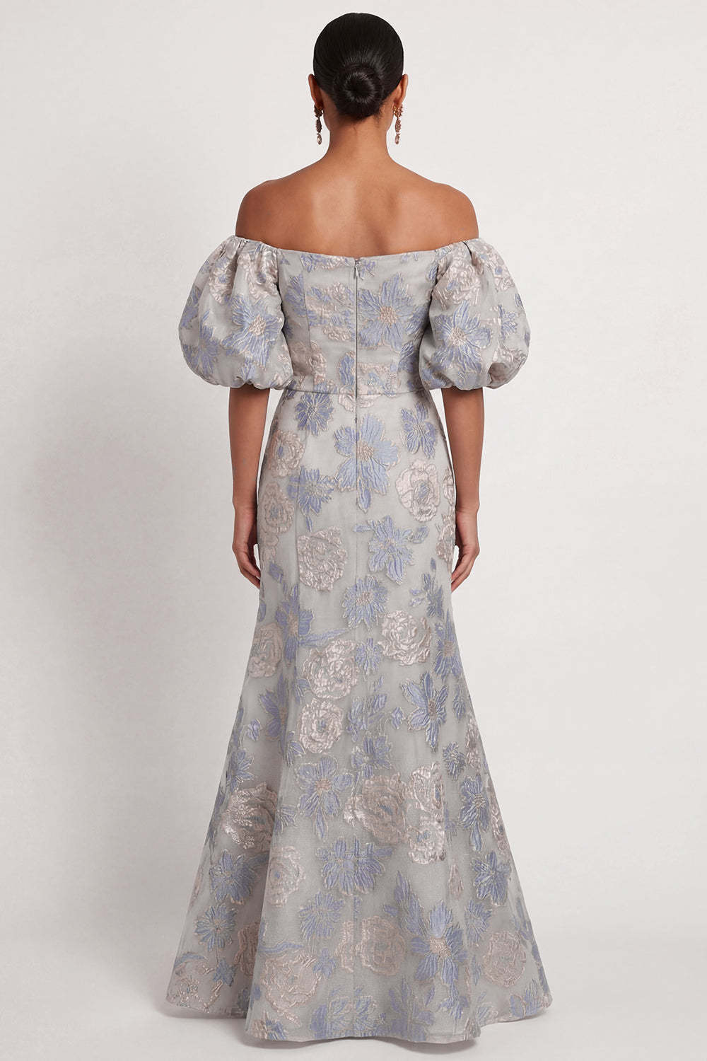 Floral Dusty Blue Mermaid Jacquard Off the Shoulder Long Formal Dress
