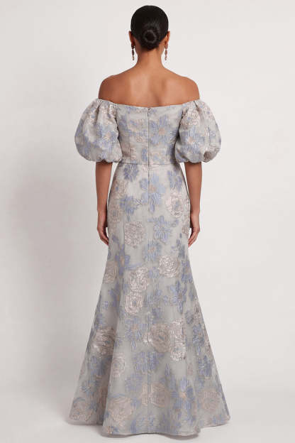 Floral Dusty Blue Mermaid Jacquard Off the Shoulder Long Formal Dress