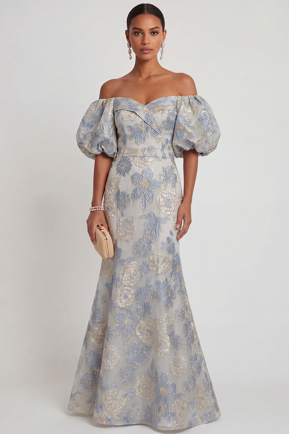 Floral Dusty Blue Mermaid Jacquard Off the Shoulder Long Formal Dress