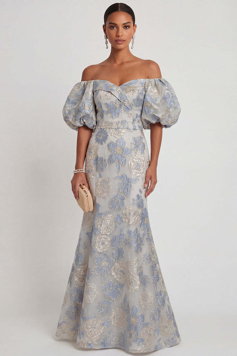 Leely Women Floral Dusty Blue Mermaid Jacquard Long Formal Dress Off the Shoulder Backless Sleeveless Wedding Guest Dress