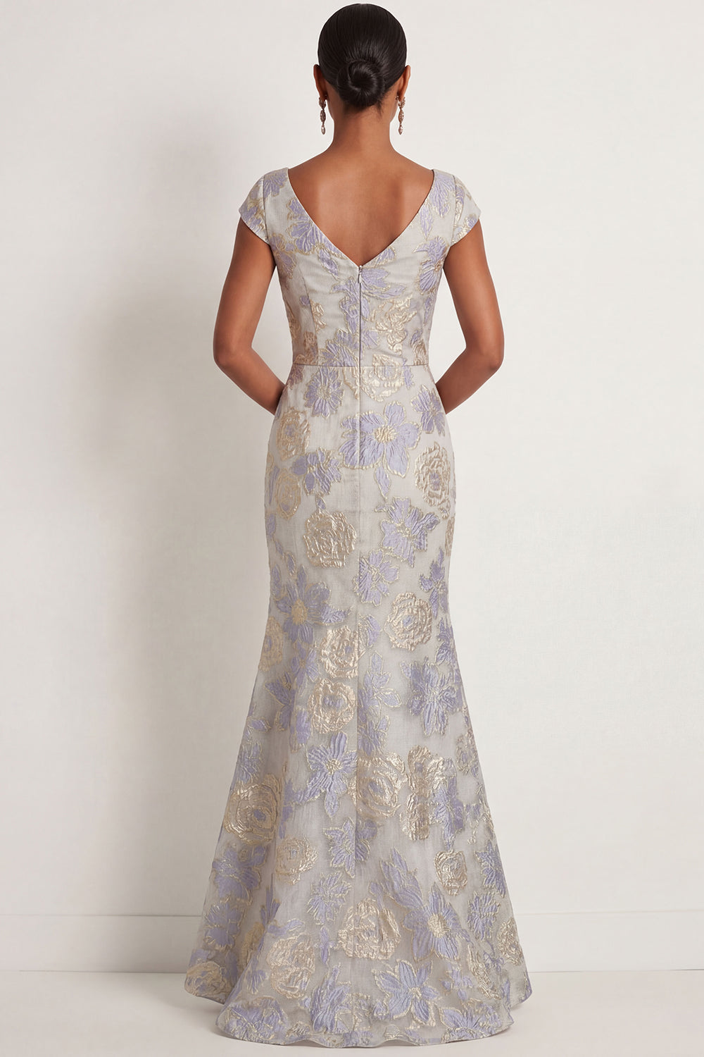 Floral Dusty Blue Jacquard V Neck Mermaid Long Formal Dress