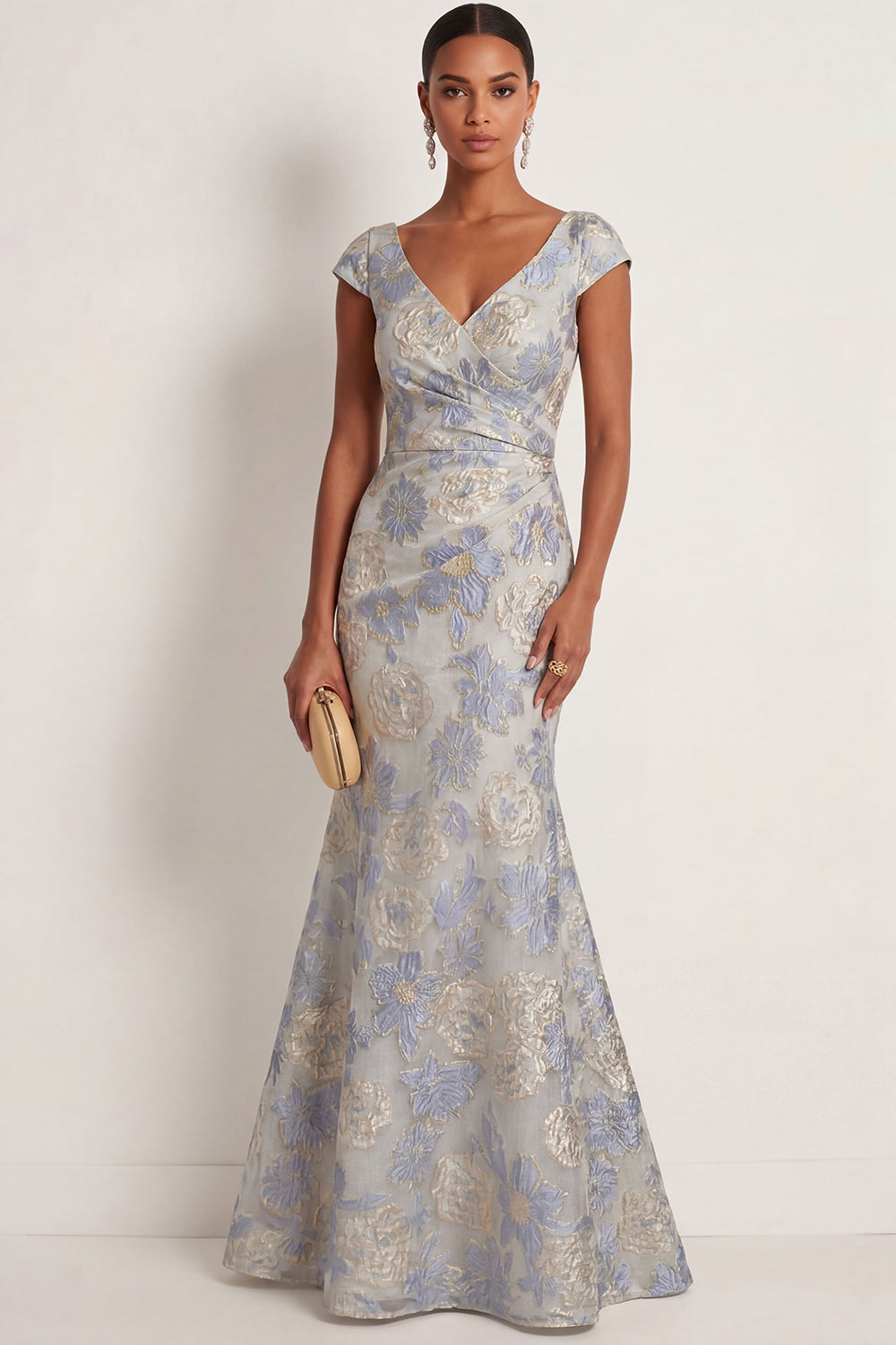 Floral Dusty Blue Jacquard V Neck Mermaid Long Formal Dress
