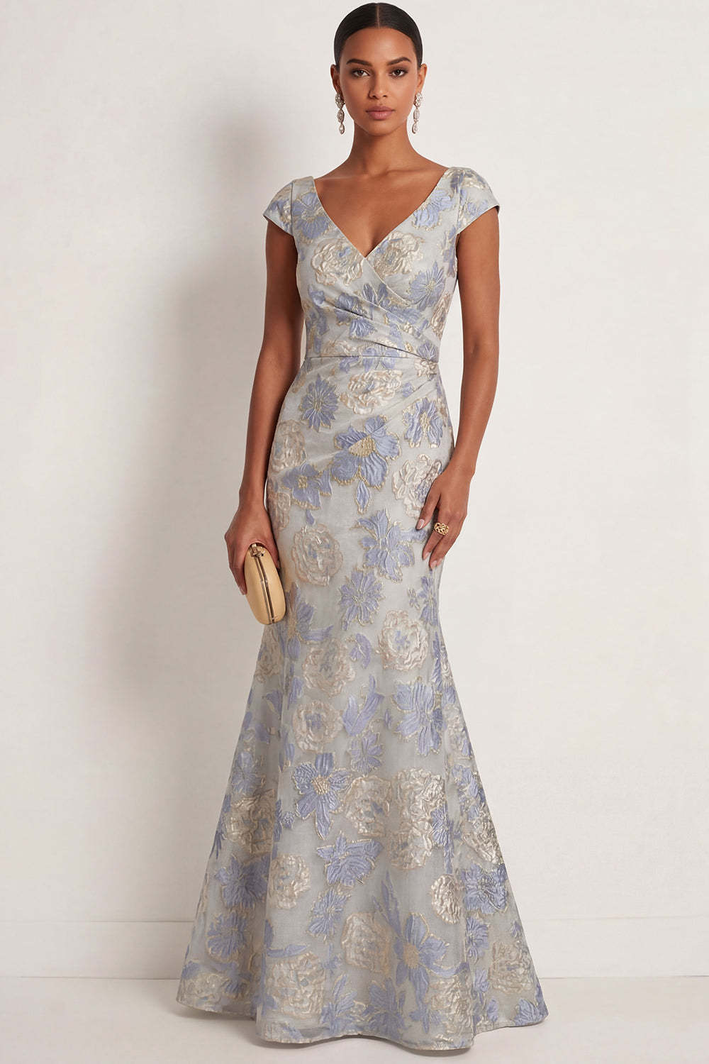 Leely Women Floral Dusty Blue Jacquard V Neck Mermaid Long Formal Dress Ruched Backless Sleeveless Evening Dress