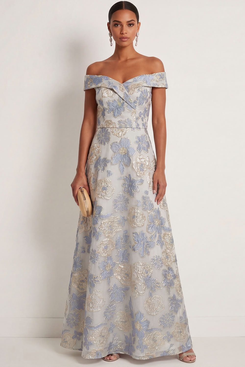 Floral Jacquard Dusty Blue A Line Long Formal Dress