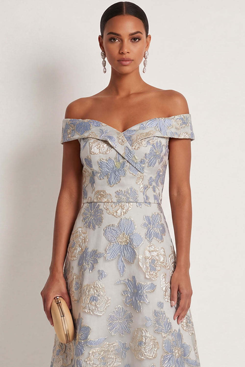 Floral Jacquard Dusty Blue A Line Long Formal Dress