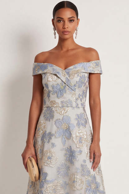 Floral Jacquard Dusty Blue A Line Long Formal Dress