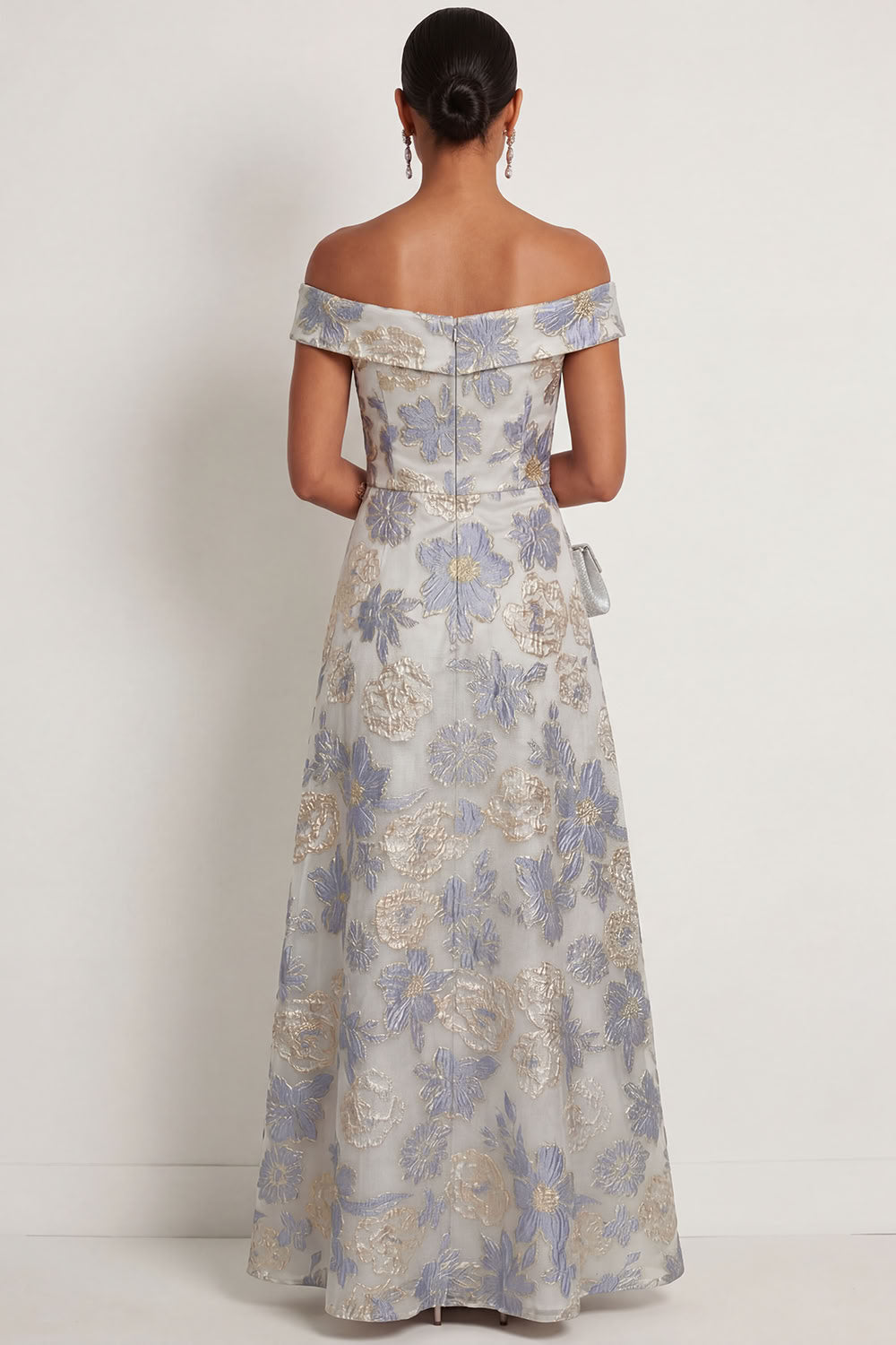 Floral Jacquard Dusty Blue A Line Long Formal Dress