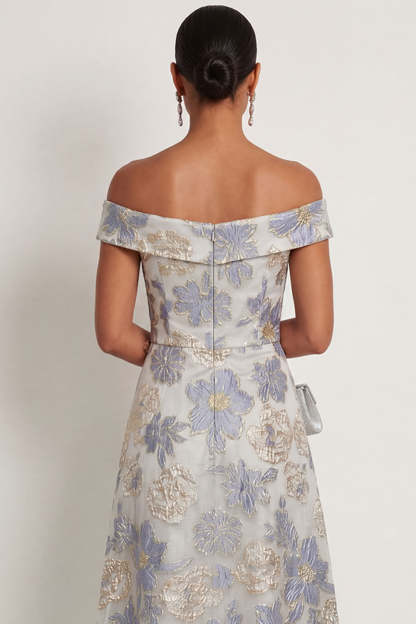 Floral Jacquard Dusty Blue A Line Long Formal Dress
