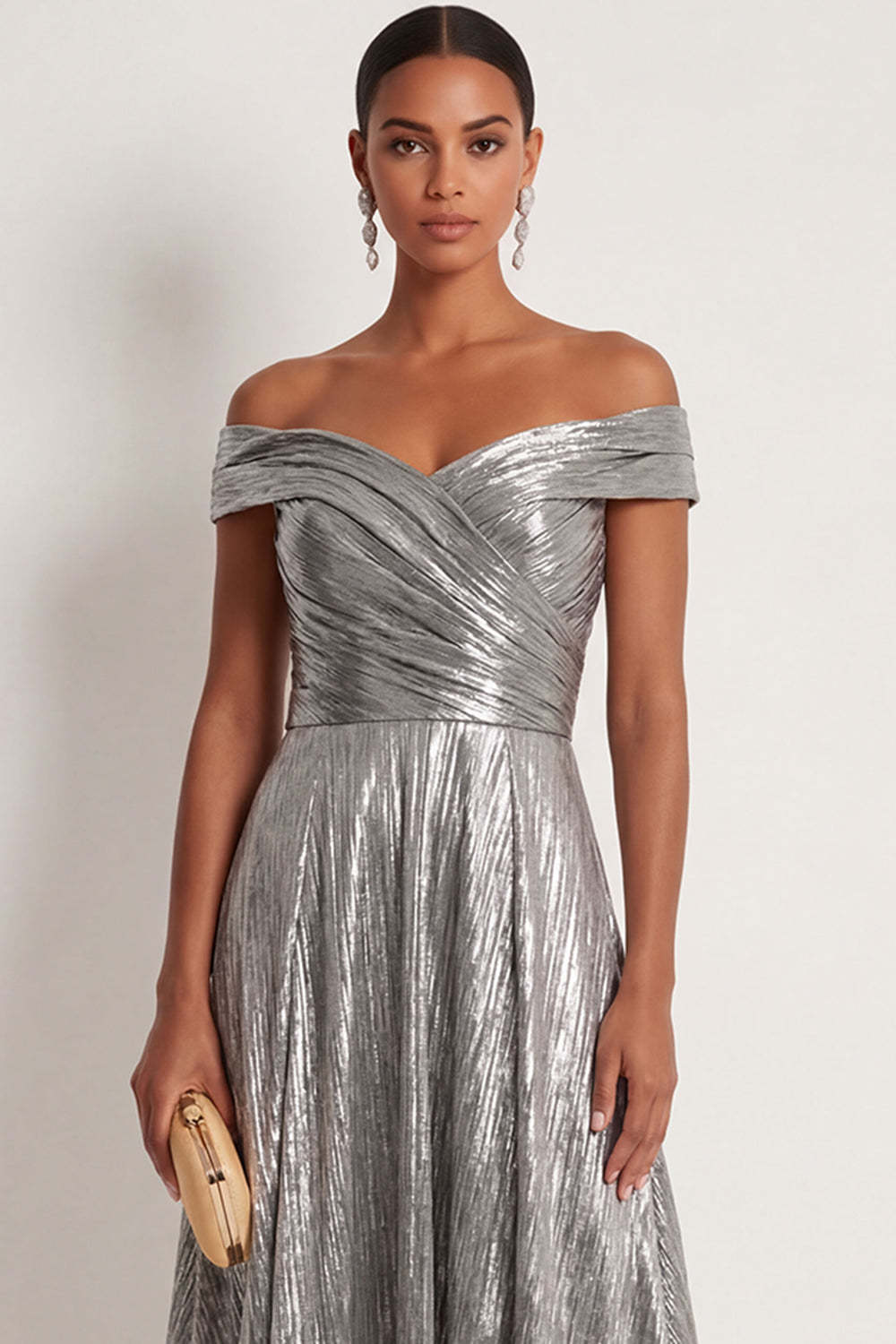 Grey Silver Metallic A Line Off the Shoulder Long Formal Dress