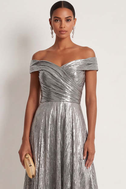 Grey Silver Metallic A Line Off the Shoulder Long Formal Dress