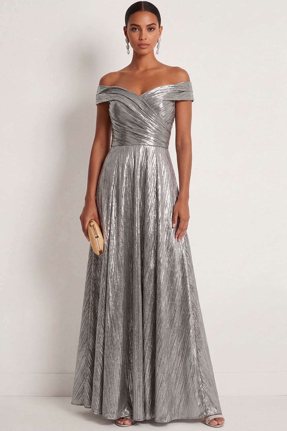 Leely Women Grey Silver Metallic A Line Long Formal Dress Off the Shoulder Backless Sleeveless Wedding Guest Dress