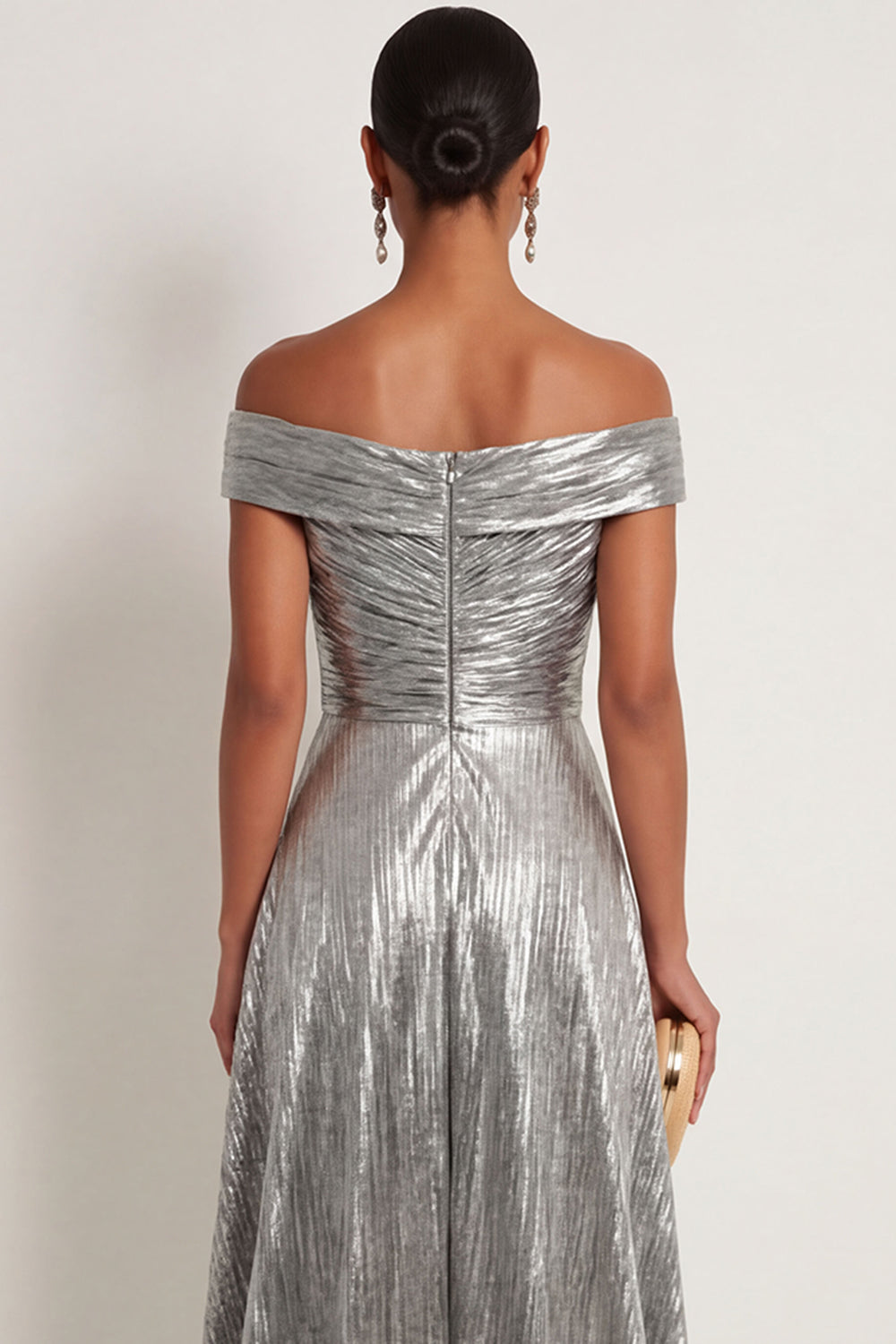 Grey Silver Metallic A Line Off the Shoulder Long Formal Dress